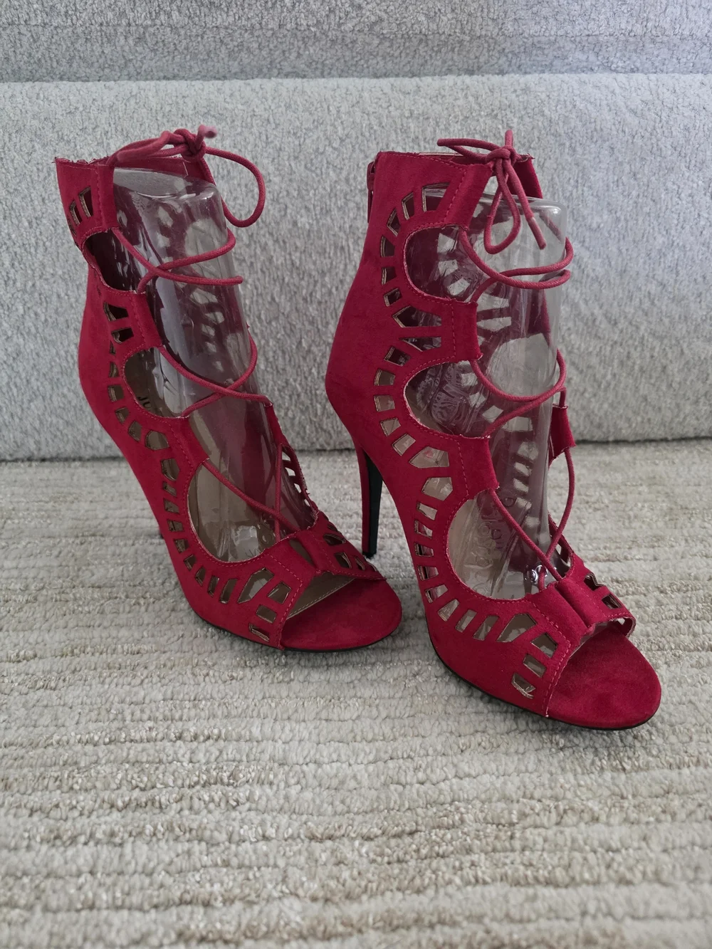 JustFab Red Suade Lace-Up Cutout Heel Sandals
